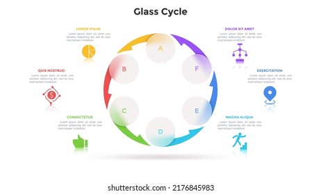 Circular cyclic chart with 6 round translucent elements connected by arrows. Concept of six stages of business cycle. Minimal infographic design template. Modern flat vector illustration for banner.