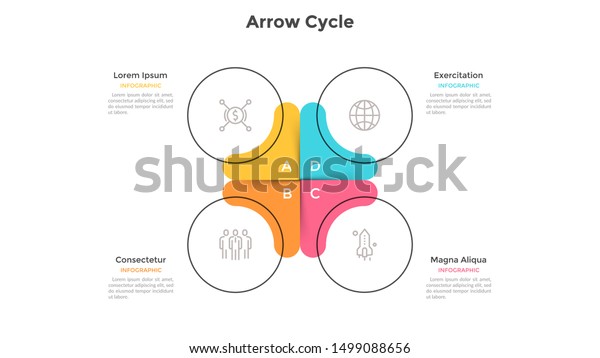 Circular cyclic chart divided into 4 colorful\
sectors. Concept of four steps or stages of business cycle. Flat\
infographic design template. Modern vector illustration for\
presentation, report.