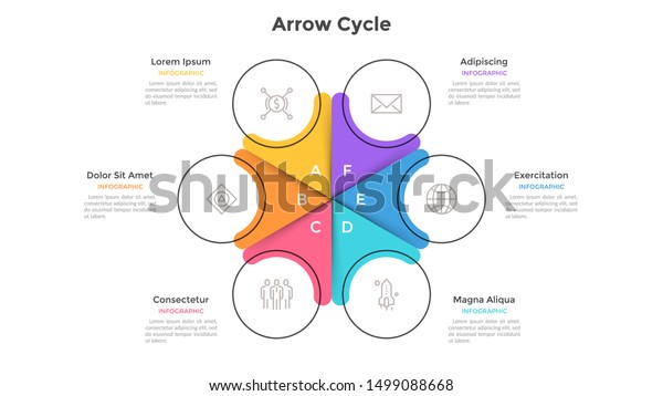 Circular cyclic chart divided into 6 colorful\
sectors. Concept of six steps or stages of business cycle. Flat\
infographic design template. Modern vector illustration for\
presentation, report.