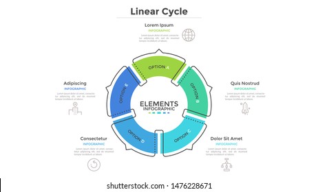 Circular cyclic diagram divided into 5 colorful sectors with arrows or pointers. Concept of five steps or stages of production cycle. Linear infographic design template. Modern vector illustration.