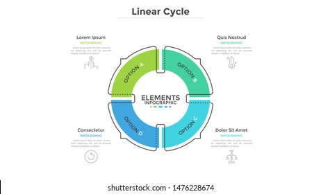 Circular cyclic diagram divided into 4 colorful sectors with arrows or pointers. Concept of four steps or stages of production cycle. Linear infographic design template. Modern vector illustration.