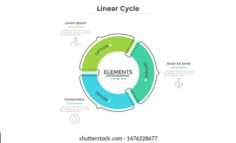 Circular cyclic diagram divided into 3 colorful sectors with arrows or pointers. Concept of three steps or stages of production cycle. Linear infographic design template. Modern vector illustration.