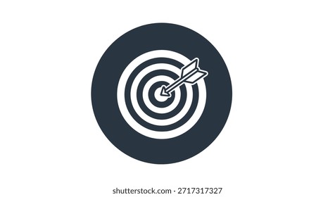 Ícone circular cinza-escuro com um alvo de alvo branco e uma seta branca atingindo o centro representando sucesso e metas.