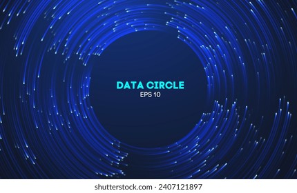 Circular data swirl on dark blue technology background. Hurricane vortex concentric lines
