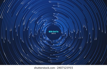 Circular data swirl on dark blue technology background. Hurricane vortex concentric lines