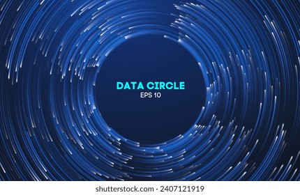 Circular data swirl on dark blue technology background. Hurricane vortex concentric lines