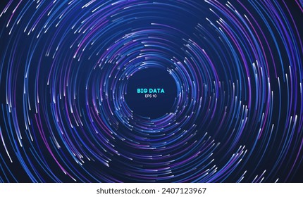 Circular data swirl on dark blue technology background. Hurricane vortex concentric lines