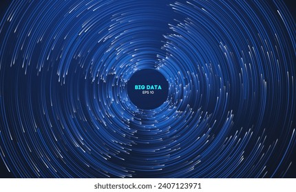 Circular data swirl on dark blue technology background. Hurricane vortex concentric lines