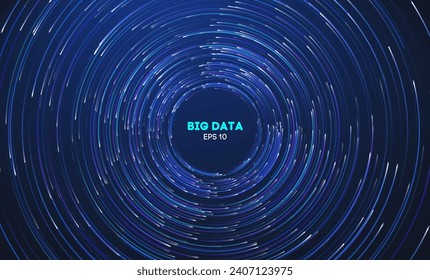 Circular data swirl on dark blue technology background. Hurricane vortex concentric lines