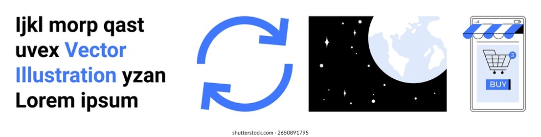 Circular data sync arrows, an illustration of Earth from space, and an online shopping cart with BUY button. Ideal for technology, space exploration, ecommerce, global trade, digital transactions