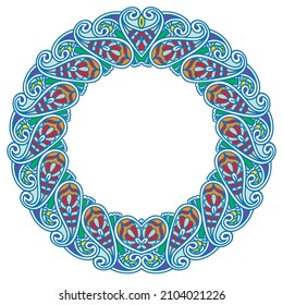 Circular decorative Doodling frame for design template. Round blue tones bright card. Festive Hand drawn ornament. Vivid celebration background. Funny cute birthday backdrop. Vector Illustration
