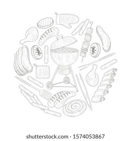 Circular Decorative Element with Barbecue Food Items Vector Template