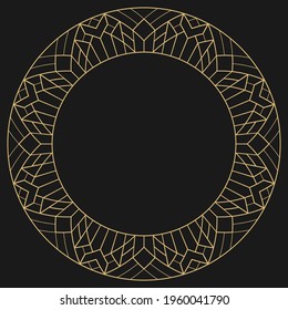 Circular decorative frame. Geometric gold decorative ornament with place for text. Monogram, greeting card, wedding invitation. Vector graphics.