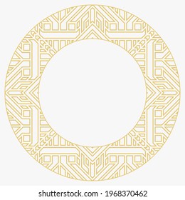 Circular decorative frame. Geometric gold decorative ornament with place for text. Monogram, greeting card, wedding invitation. Vector graphics.