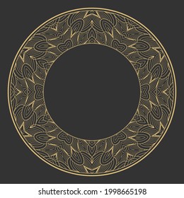 Circular decorative frame. Geometric gold decorative ornament with place for text. Monogram, greeting card, wedding invitation. Vector graphics.