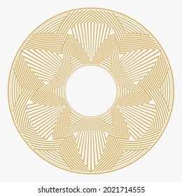 Circular decorative frame. Geometric gold decorative ornament with place for text. Monogram, greeting card, wedding invitation. Vector graphics.