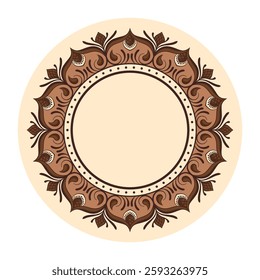 Circular decorative frame with an intricate floral and swirl pattern in brown and beige tones, isolated on a white background.