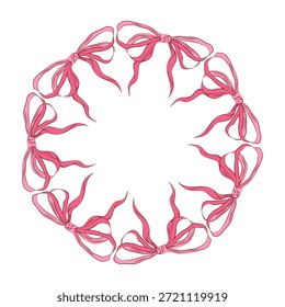 Kreisförmiger Zierrahmen aus zartrosa, kranzförmig angeordneten Schleifen. Elegante romantische Umrandung für Valentinskarten, Hochzeitsdesigns, Einladungen, Branding und feminine Layouts. 
