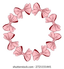 Kreisförmiger Zierrahmen aus zartrosa, kranzförmig angeordneten Schleifen. Elegante romantische Umrandung für Valentinskarten, Hochzeitsdesigns, Einladungen, Branding und feminine Layouts.