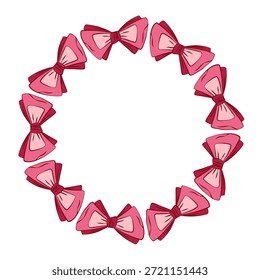 Kreisförmiger Zierrahmen aus zartrosa, kranzförmig angeordneten Schleifen. Elegante romantische Umrandung für Valentinskarten, Hochzeitsdesigns, Einladungen, Branding und feminine Layouts.