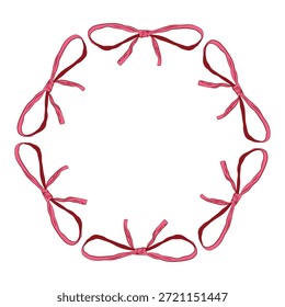 Kreisförmiger Zierrahmen aus zartrosa, kranzförmig angeordneten Schleifen. Elegante romantische Umrandung für Valentinskarten, Hochzeitsdesigns, Einladungen, Branding und feminine Layouts.