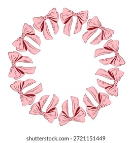Kreisförmiger Zierrahmen aus zartrosa, kranzförmig angeordneten Schleifen. Elegante romantische Umrandung für Valentinskarten, Hochzeitsdesigns, Einladungen, Branding und feminine Layouts.