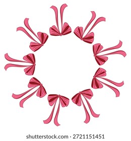 Kreisförmiger Zierrahmen aus zartrosa, kranzförmig angeordneten Schleifen. Elegante romantische Umrandung für Valentinskarten, Hochzeitsdesigns, Einladungen, Branding und feminine Layouts.