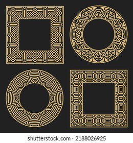 Circular decorative frames set. Round and rectangular stylish gold ornament. Place for text. Art ornament of elements of design of luxury goods, logos, monograms. Vector illustration.