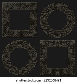 Circular decorative frames set. Round and rectangular stylish gold ornament. Place for text. Art ornament of elements of design of luxury goods, logos, monograms. Vector illustration.