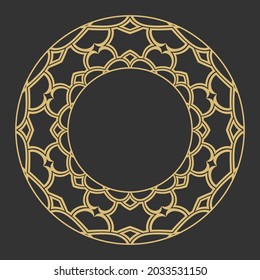 Zirkulär dekorativer Goldrahmen. Geometrisches Dekor mit Platz für Text. Monogramm, Grußkarte, Einladung zur Hochzeit. Vektorgrafik.