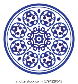 Circular decorative ornament, blue and white Mandala, decorative art frame, abstract floral round pattern, ceramic background design, porcelain pottery flower decor vector illustration