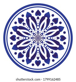 Circular decorative ornament, blue and white Mandala, indigo decorative art frame, abstract floral round pattern, ceramic background design, Arabic, porcelain pottery flower decor vector illustration