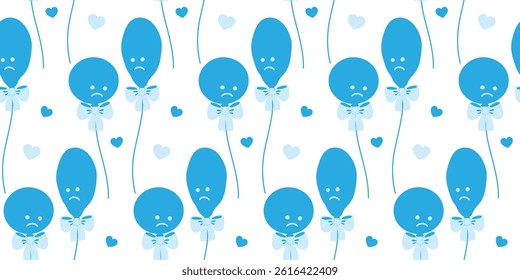 Circular and Deflated balloons on rope with tied Ribbon bow Monochrome Seamless Pattern with hearts