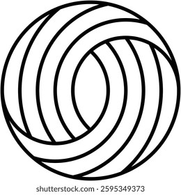 Circular design abstract with interwoven black lines on isolated background. Pattern features dynamic arrangement of curves that appear to loop around a central void, creating sense of depth.