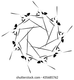 Circular design with distortion effect. Abstract monochrome element on white. Distorted, deformed spiral with circles.