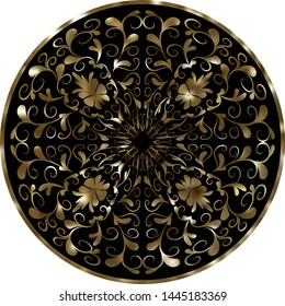 Circular design element. Color gold on a black background. For interiors, pattern for fabric. Vector illustration.