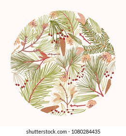 Circular design element, decoration or backdrop composed of elegant branches of coniferous tree, fir or pine needles and cones on white background. Natural vector illustration in modern flat style