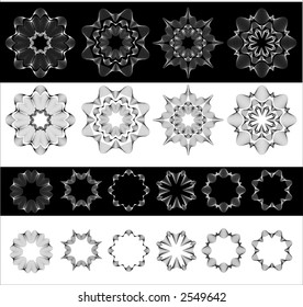 Circular design elements on a white and black background. And possible combinations of elements.