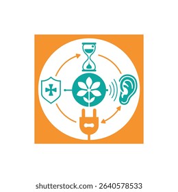 A circular design features a central plant image surrounded by an hourglass, shield, ear, and plug icons.  The background is orange and white.  Ideal for concepts related to health, wellness, and sust
