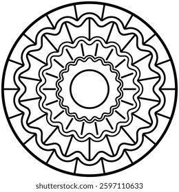 Circular design featuring black concentric rings. It has multiple layers of wavy and radial patterns radiating from the center. Simple vector graphic perfect for patterns.
