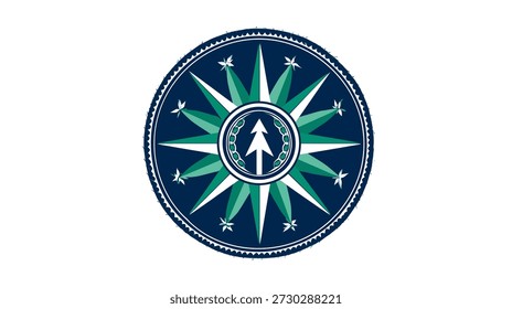 A circular design featuring a central tree arrow inside a starburst pattern, surrounded by a border