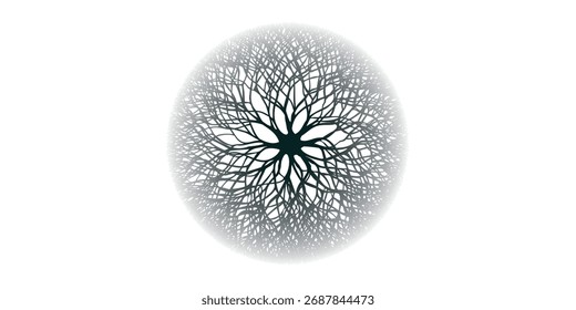 Circular design featuring a complex branching pattern, resembling a stylized tree or network, with a soft, textured appearance.