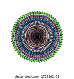 Un diseño circular con tonos verdes y azules en un patrón dentado que irradia desde un centro oscuro sobre blanco.