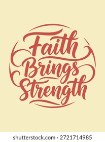 Um design circular com a frase inspiradora Faith Traz Força em tipografia de script vermelho elegante em um fundo amarelo claro.