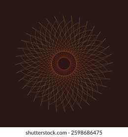 A circular design featuring an intricate red and gold pattern