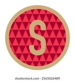 A circular design featuring the letter S with a golden border, set against a striking red background with triangular motifs. Great for branding, packaging, or minimalist artwork.