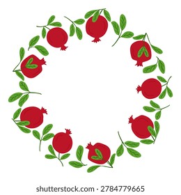 Diseño circular con granadas rojas y hojas verdes sobre un fondo blanco, adecuado para diversas aplicaciones decorativas y eventos de temporada