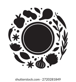 Un diseño circular con varias frutas, verduras y especias en negro