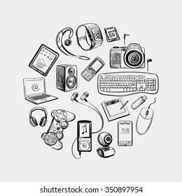 Circular design of hand drawn electronic gadget with notebook, phone, game pad, photo camera, tablet, pc, flash card, headphones, watches, computer, laptop, monitor and other