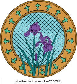 circular design of iris flovers in vintage style vector graphic